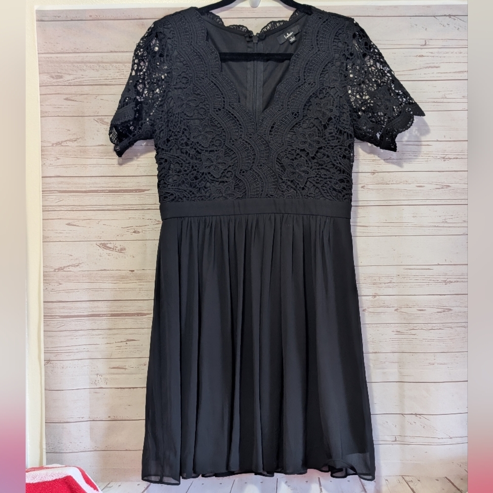 Lulu's Angel in Disguise Black Lace Skater Dress Fit & Flare Black LBD